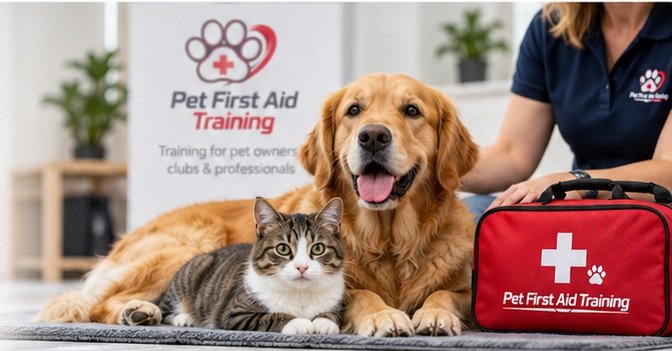 Dog and cat beside a pet first aid kit during practical training